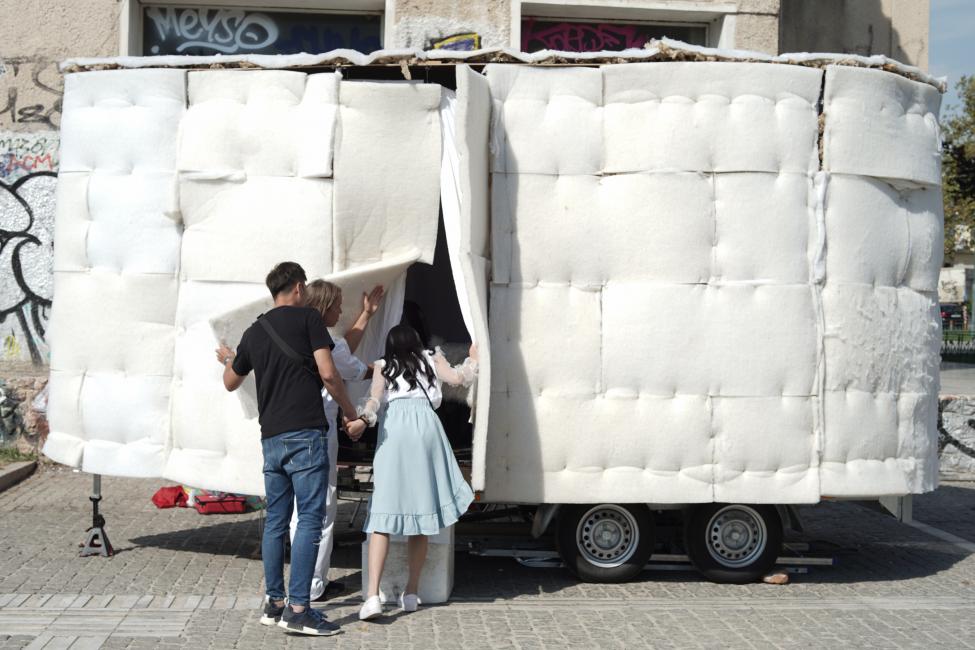 Laboratory for Microclimates, Microclimatic Heat Shelter, 2018, 6th Athens Biennale 2018 ANTI, Asomaton Sq, photo by Nysos Vasilopoulos